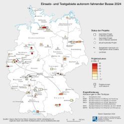 Karte der Einsatz- und Testgebiete autonom fahrender Busse 2024  Copyright: Leibniz-Institut für Länderkunde