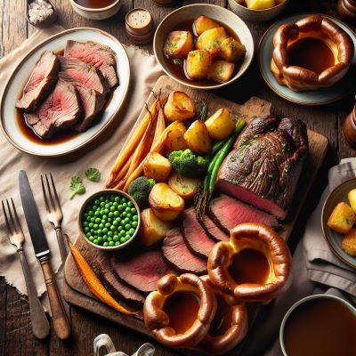 Traditionelles britisches Sonntags-Roastbeef-Abendessen mit Yorkshire-Pudding