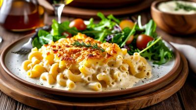 Älplermagronen serviert mit Salat