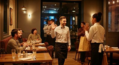 Die sehr freundliche Servicebrigade verabshiedet zufriedene Gäste im Restaurant 