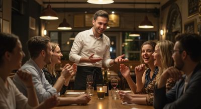 Ein Kellner berät Gäste sehr freundlich bei der Speiseauswahl am Tisch im Restaurant 