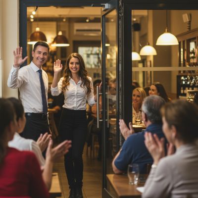 Ein Wirtepaar verabschiedet Gäste sehr freundlich und dankbar in ihrem Restaurant 