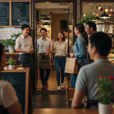 Ein Wirtepaar verabschiedet Gäste sehr freundlich und dankbar in ihrem Restaurant 