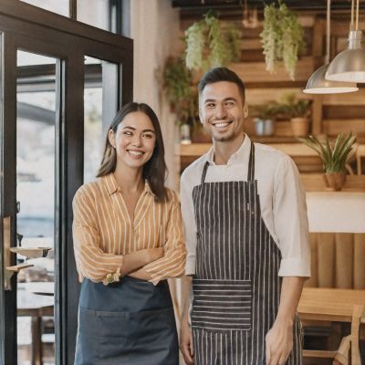 Ein Wirtepaar verabschiedet Gäste sehr freundlich und dankbar in ihrem Restaurant 