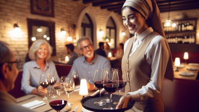 Eine sehr freundliche Kellnerin serviert den Gästen den Wein am Tisch im Restaurant