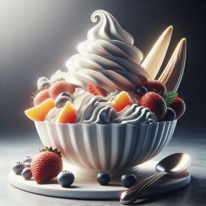 Eisbecher mit frischen Früchten und Schlagrahm