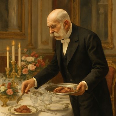 Kaiser Franz Joseph von Österreich geniessteinen Tafelspitz in der Hofburg