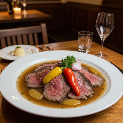Original österreichischer Tafelspitz mit Paprika präsentiert in einem Restaurant