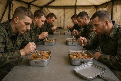 Soldaten beim Spatzessen aus ihrer Gamelle